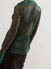 WomenButton Down Mesh See Through Patchwork Turn-Down Collar Long Sleeve Casual Blouse